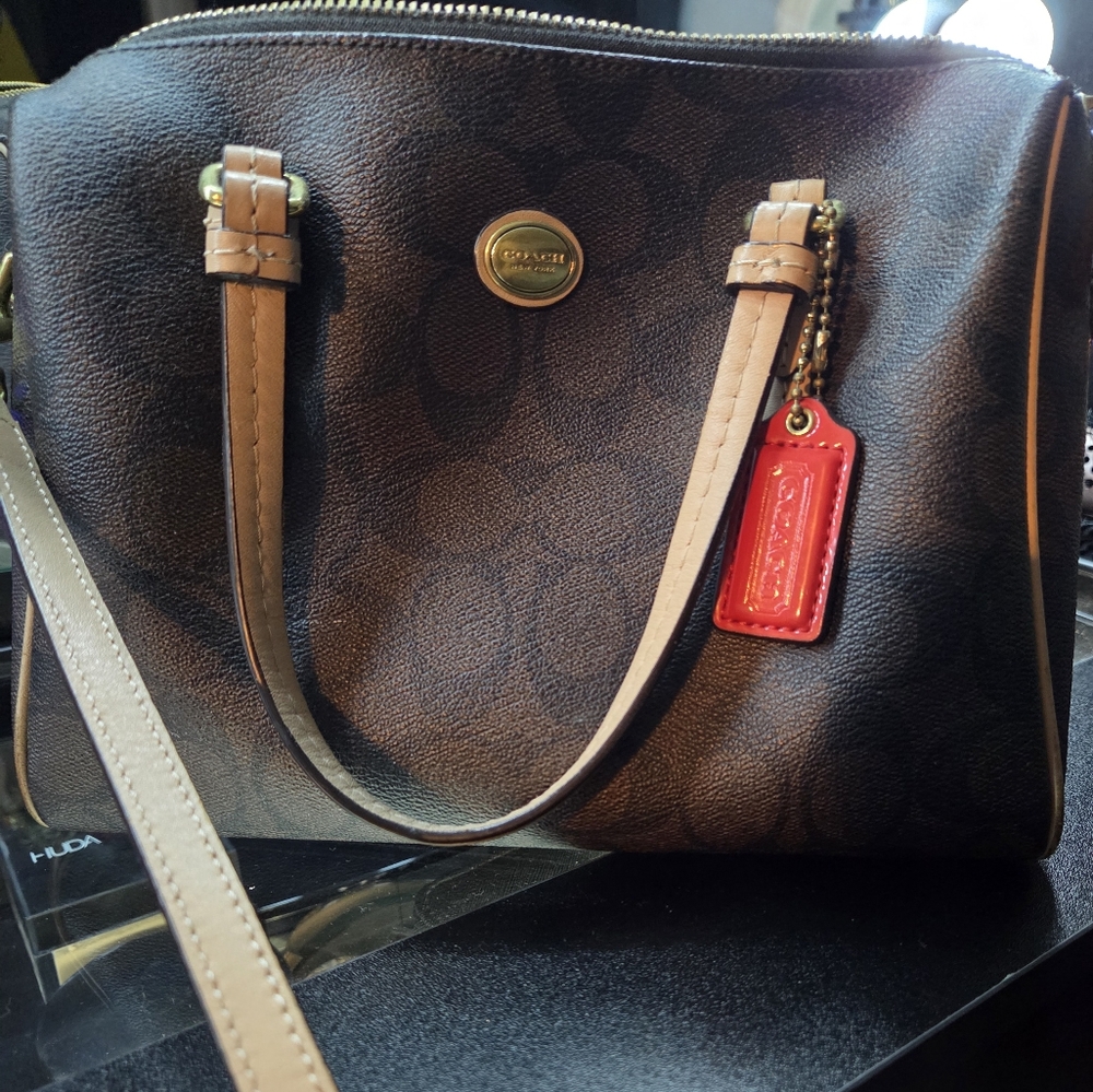 SOLD!! Coach Dark Brown and Tan Tote with Red Accent